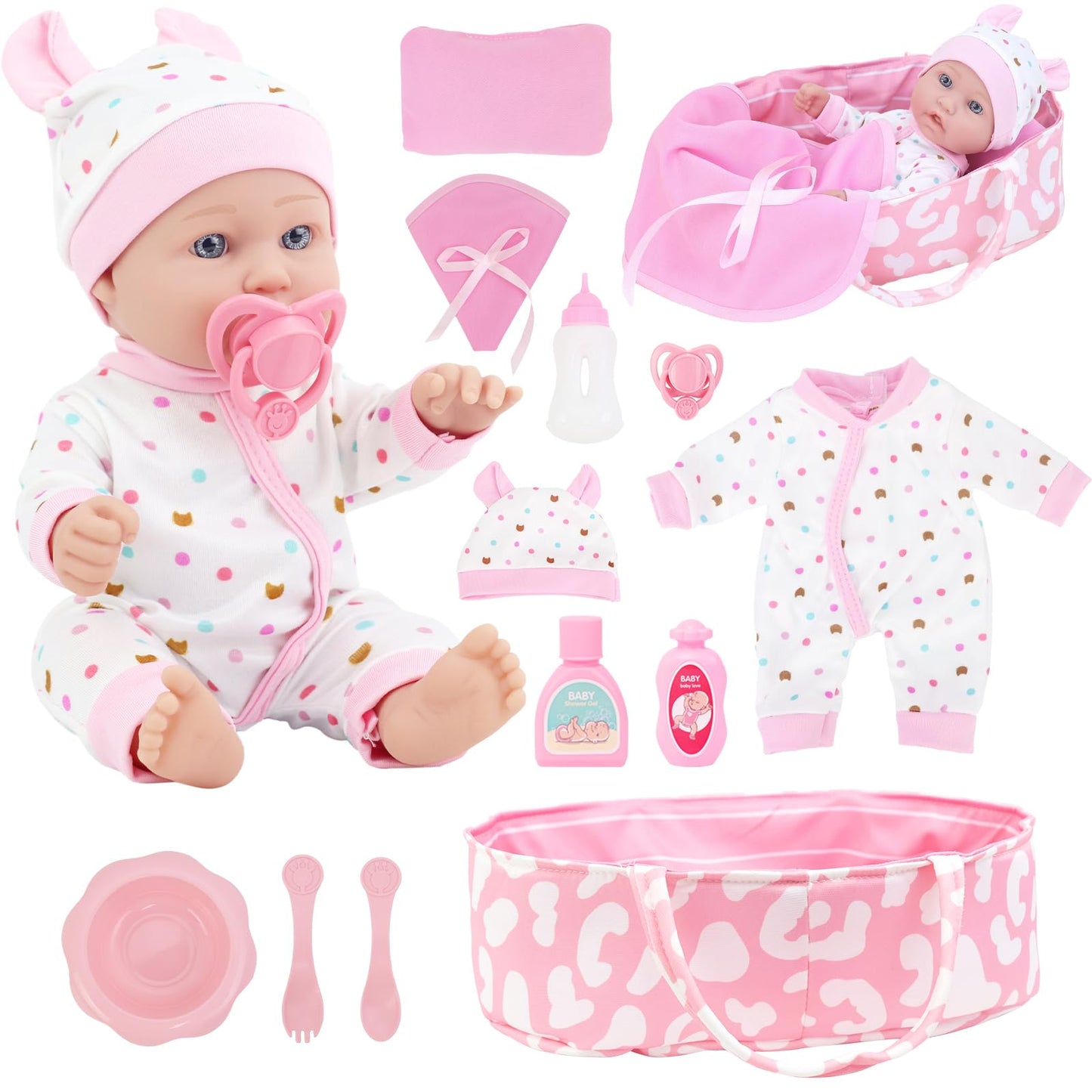 ZITA ELEMENT 12-Inch Baby Doll Sleeping Basket Set | 13-Piece Soft Doll & Accessories in Gift Box