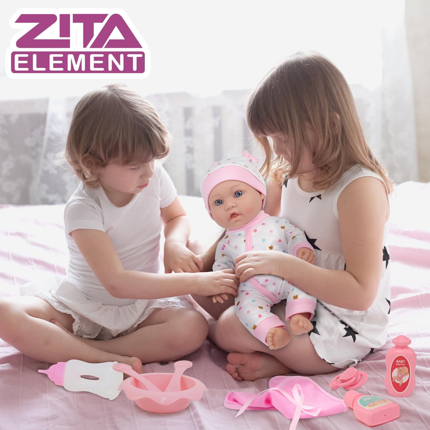 ZITA ELEMENT 12-Inch Baby Doll Sleeping Basket Set | 13-Piece Soft Doll & Accessories in Gift Box