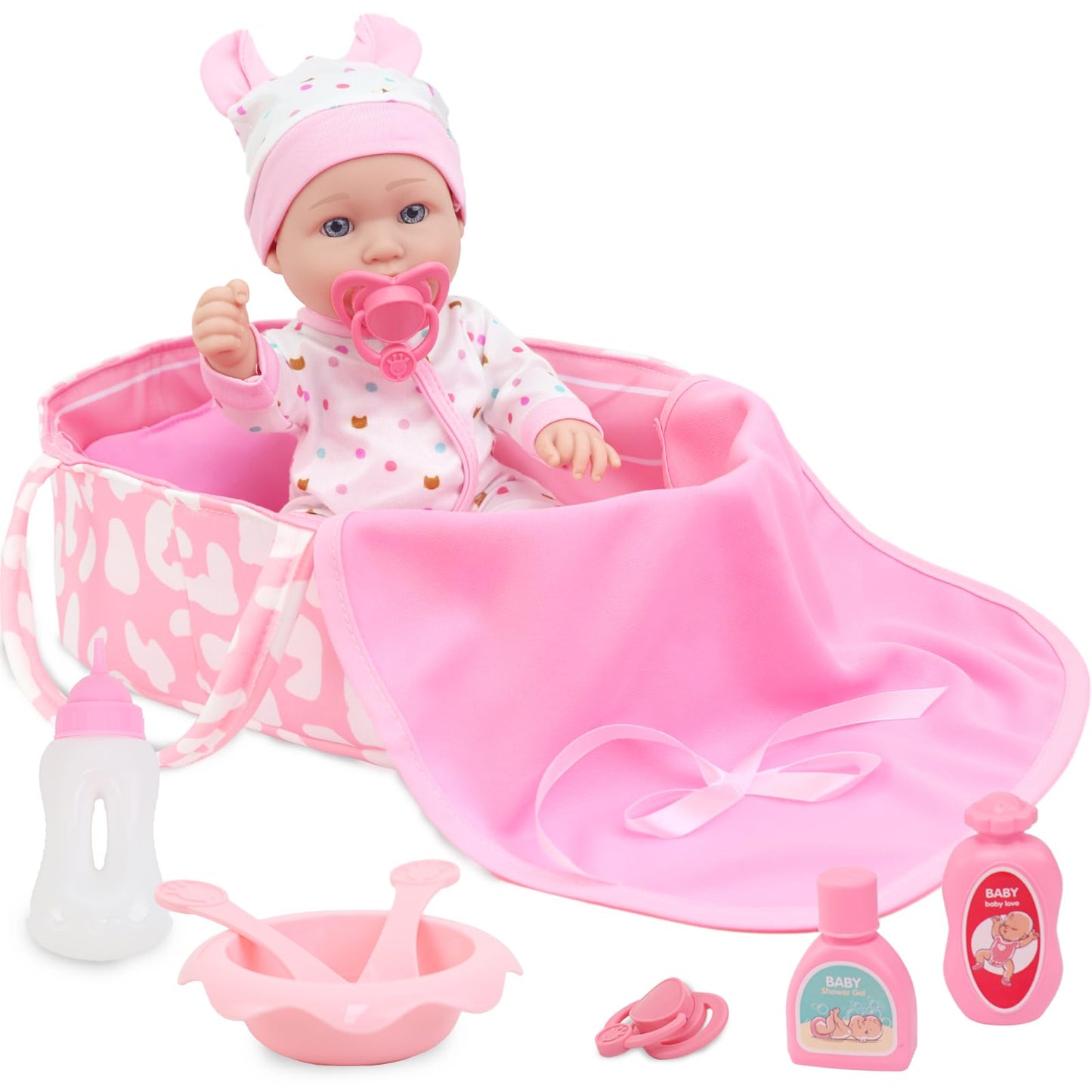 ZITA ELEMENT 12-Inch Baby Doll Sleeping Basket Set | 13-Piece Soft Doll & Accessories in Gift Box