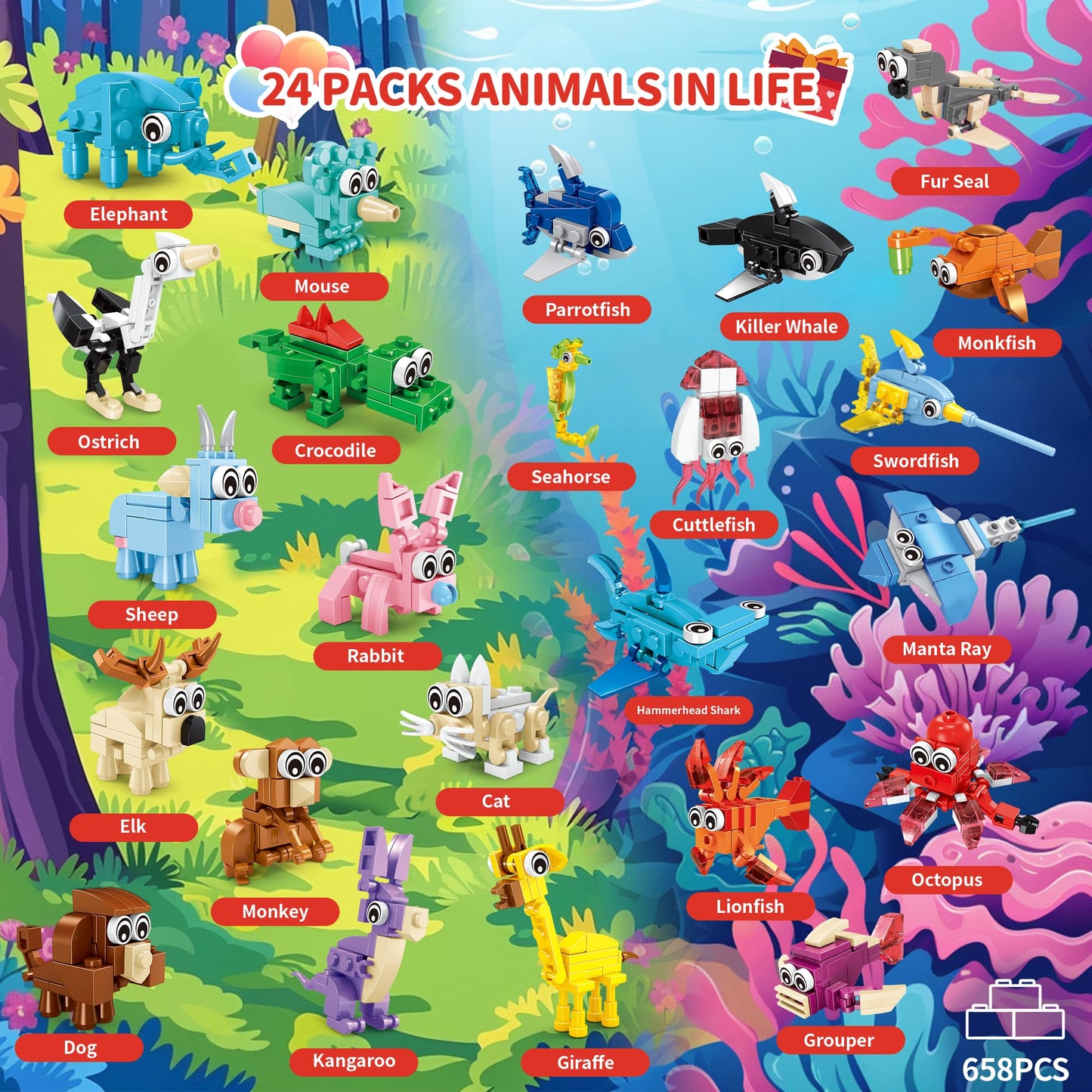 Zitetbolo 24-Pack Animals Building Blocks — 72 Models, Party Favors & Classroom Prizes