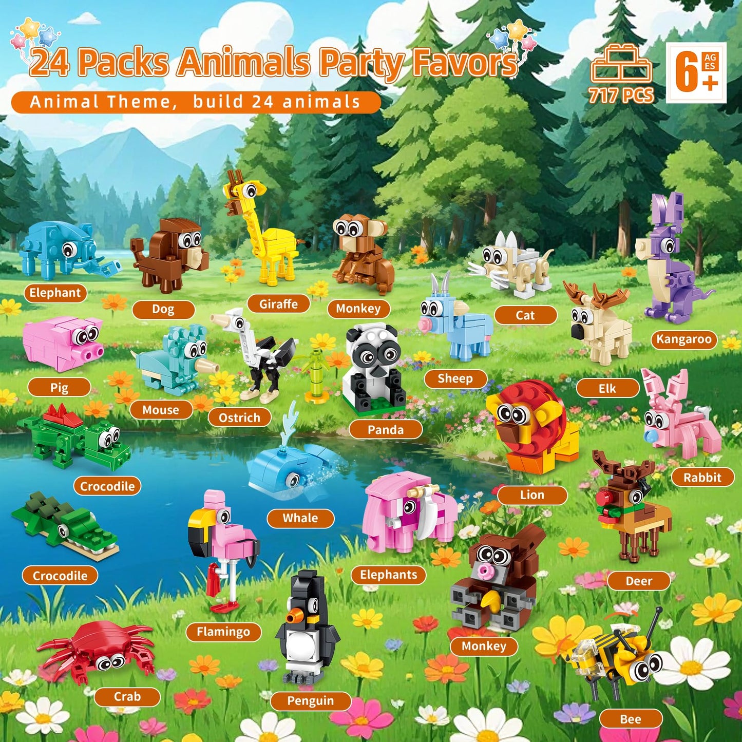 Zitetbolo 24 Pack Animal Building Blocks – 3-in-1 Mini Models for Kids Parties & Classroom Prizes
