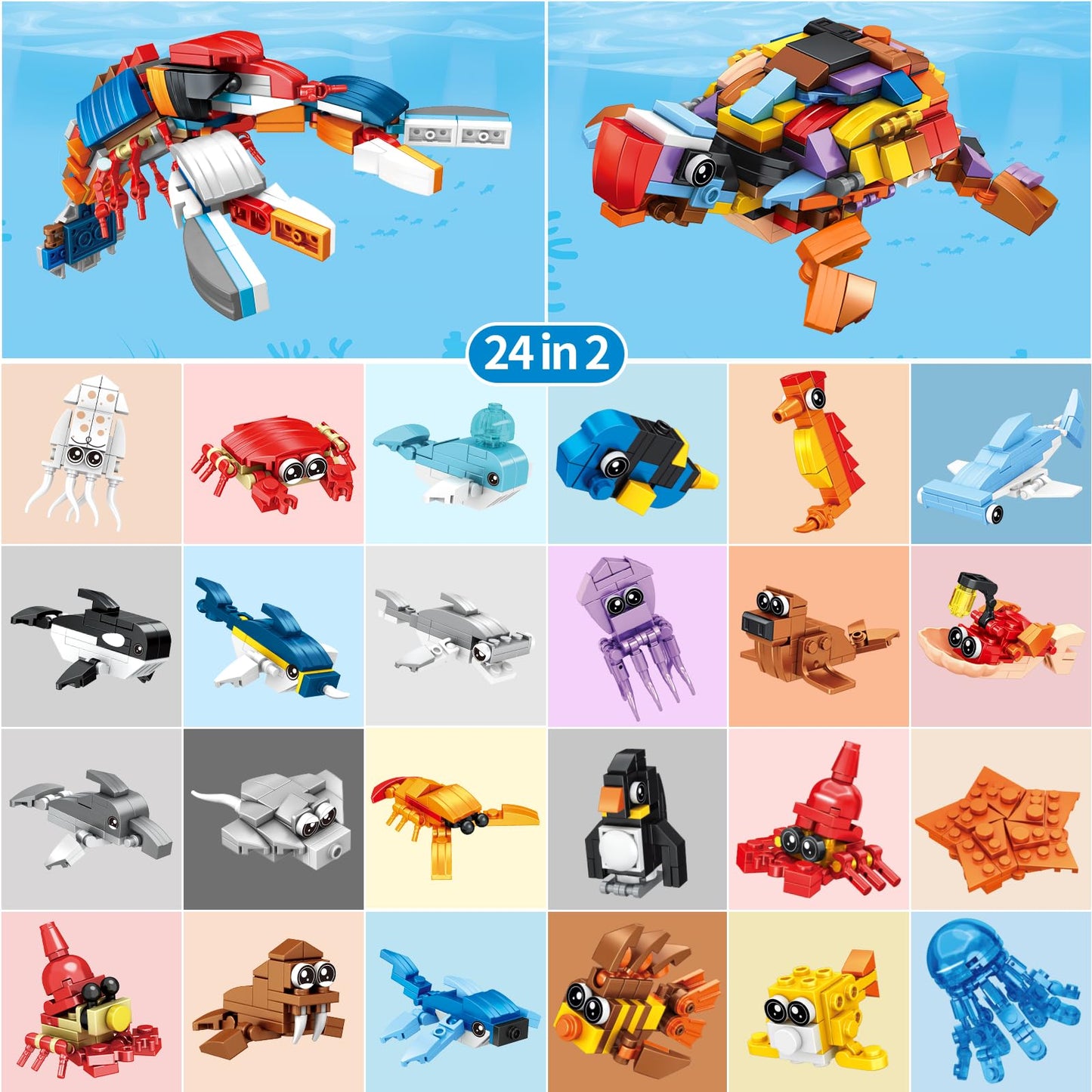 Zitetbolo Ocean Animals 24-Pack Building Block Toys — Party Favors & 12-in-1 Classroom Gifts