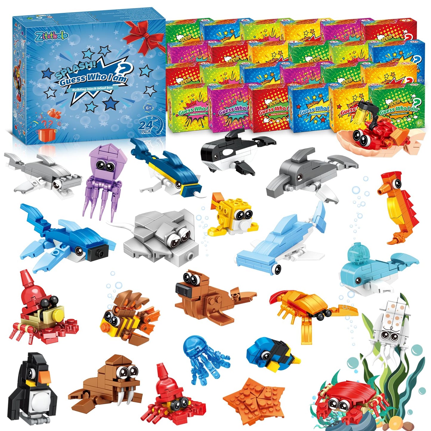 Zitetbolo Ocean Animals 24-Pack Building Block Toys — Party Favors & 12-in-1 Classroom Gifts