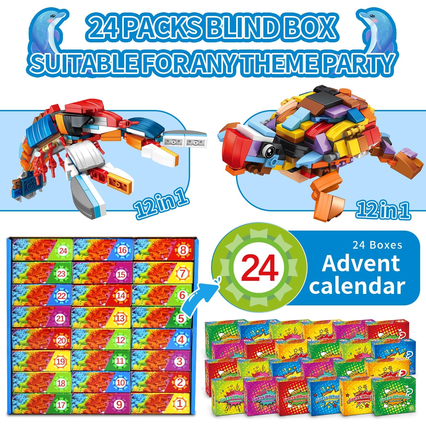 Zitetbolo Ocean Animals 24-Pack Building Block Toys — Party Favors & 12-in-1 Classroom Gifts
