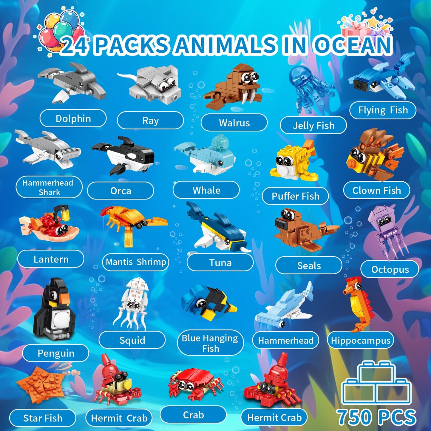 Zitetbolo Ocean Animals 24-Pack Building Block Toys — Party Favors & 12-in-1 Classroom Gifts