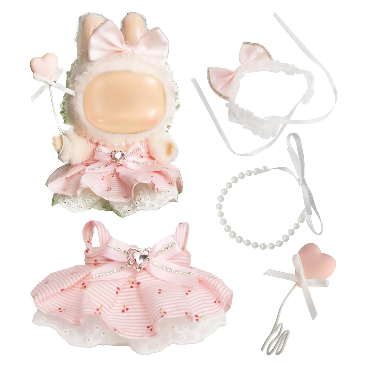 ZitoNebrix 4-Piece Doll Clothes Set for 15–17cm Dolls – Crystal Pink Dress, Bow, Balloon & Pearl Necklace