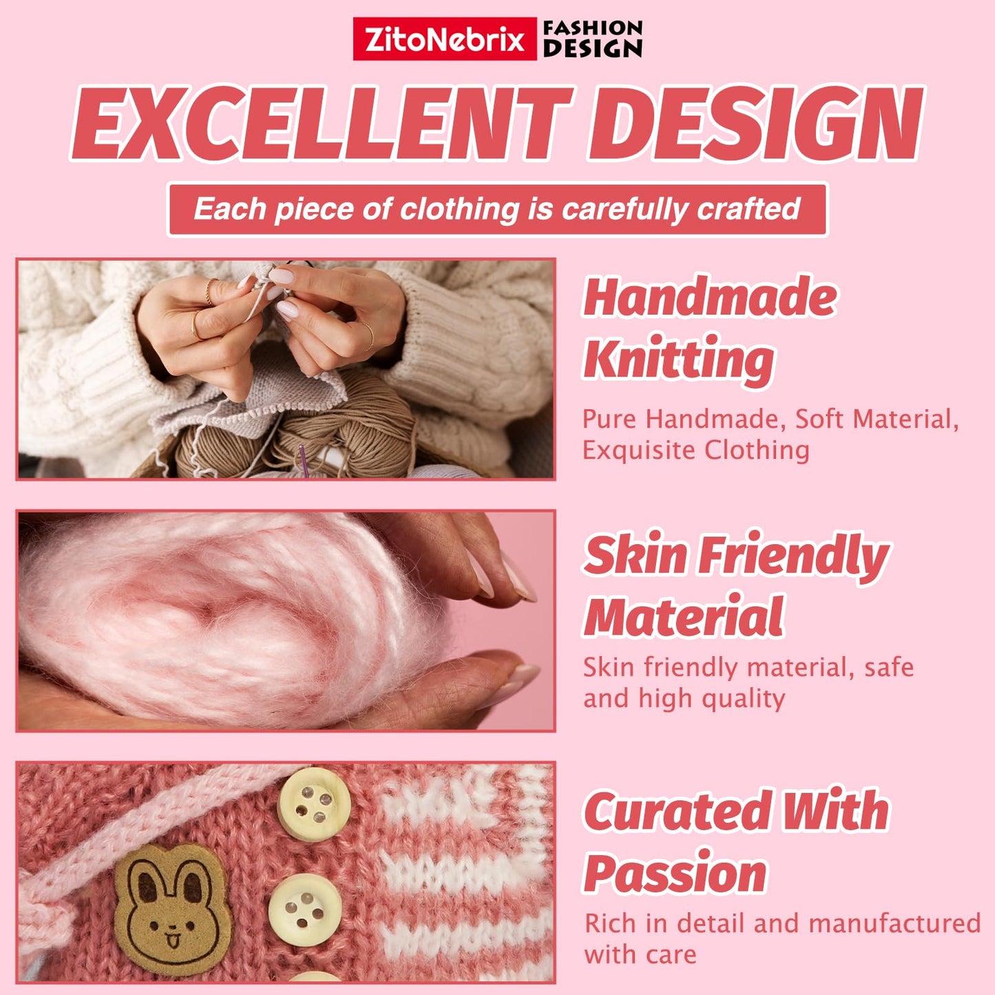 ZitoNebrix 5-Piece Crochet Doll Outfit for 15cm & 17cm Dolls – Light Pink