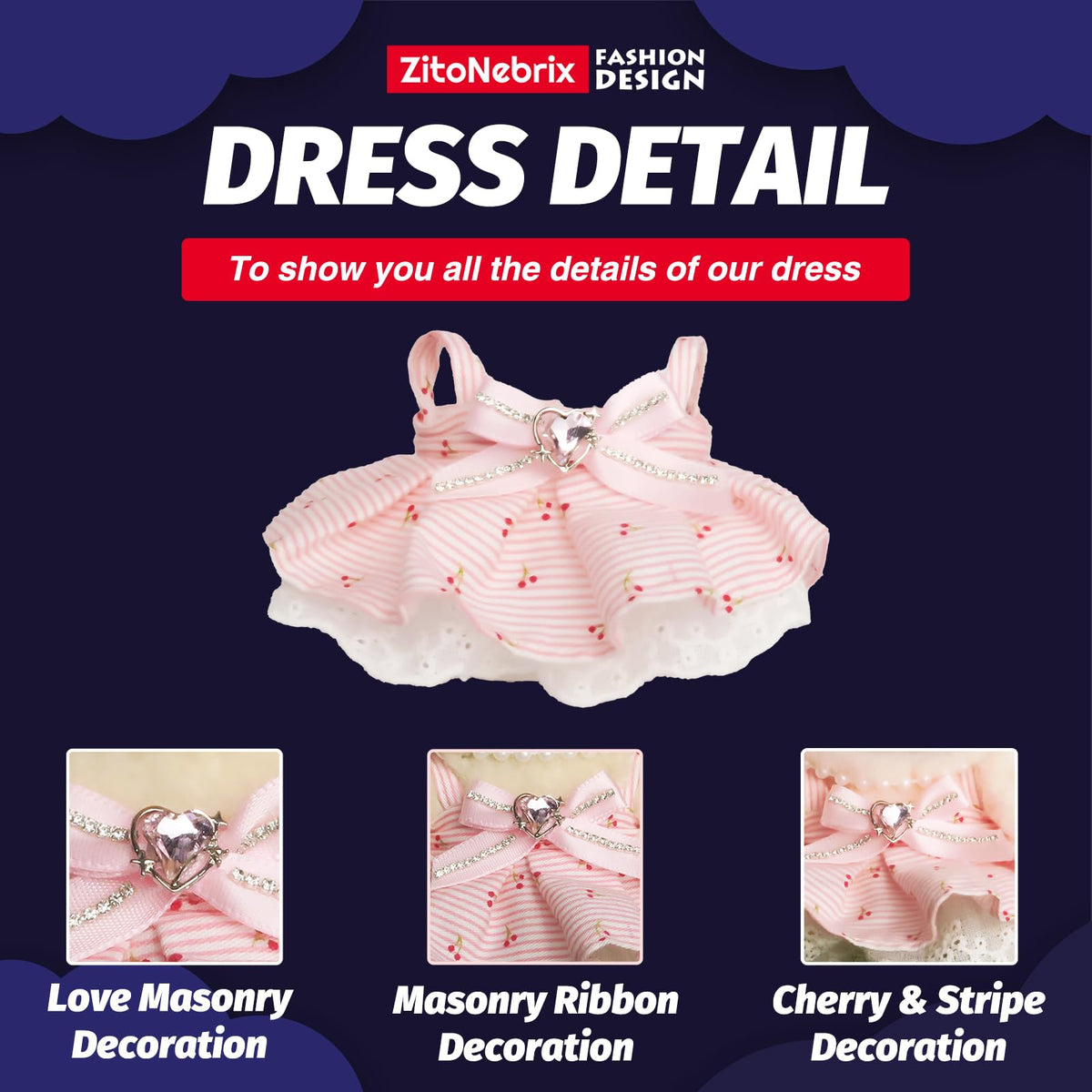 ZitoNebrix 4-Piece Doll Clothes Set for 15–17cm Dolls – Crystal Pink Dress, Bow, Balloon & Pearl Necklace