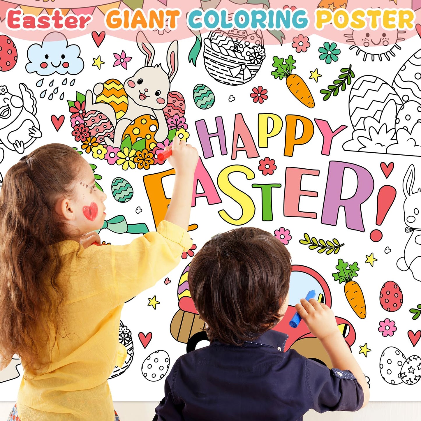 ZIZICG Easter Giant Coloring Poster – 53x33 in Table Cover, Kids Craft Poster & Party Banner