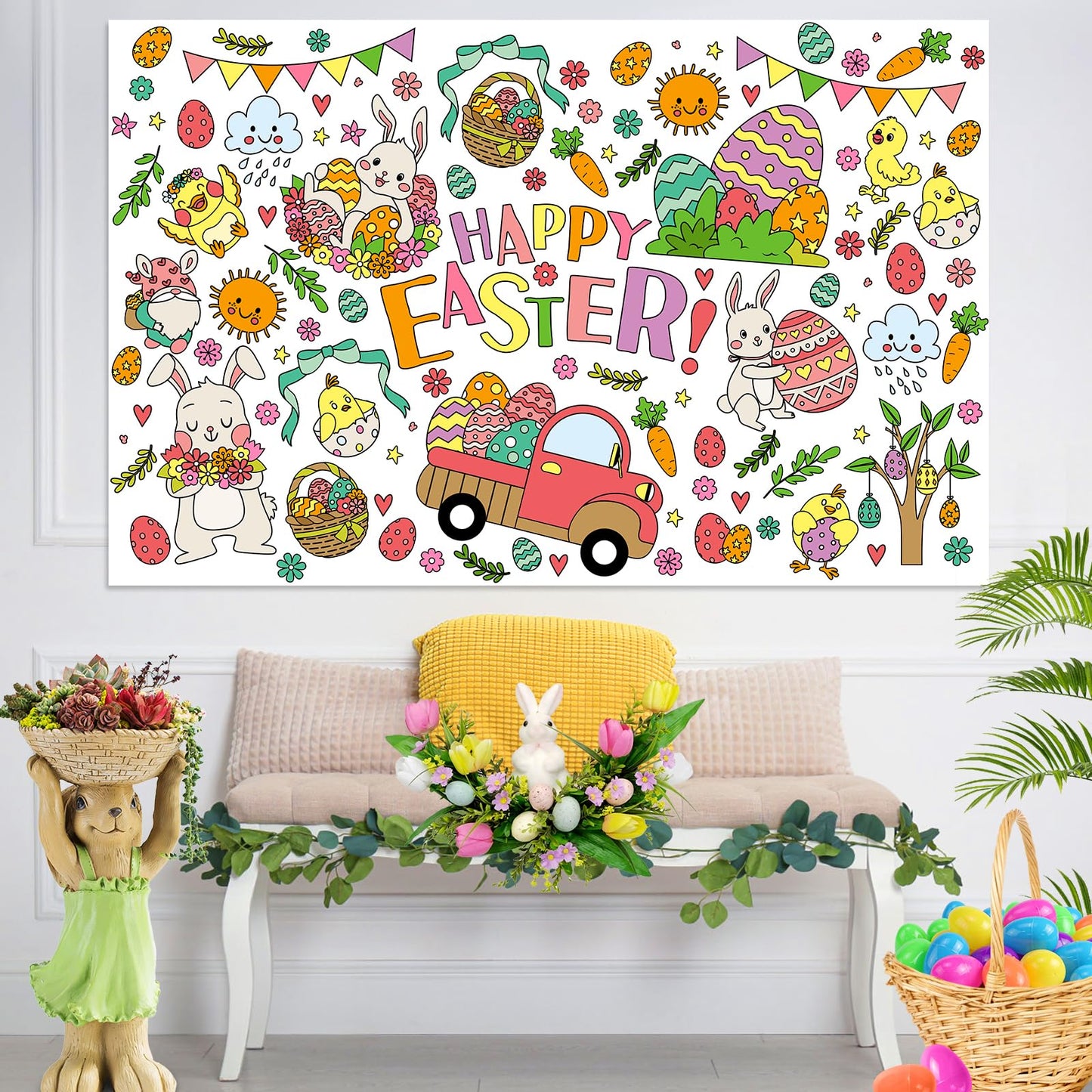 ZIZICG Easter Giant Coloring Poster – 53x33 in Table Cover, Kids Craft Poster & Party Banner