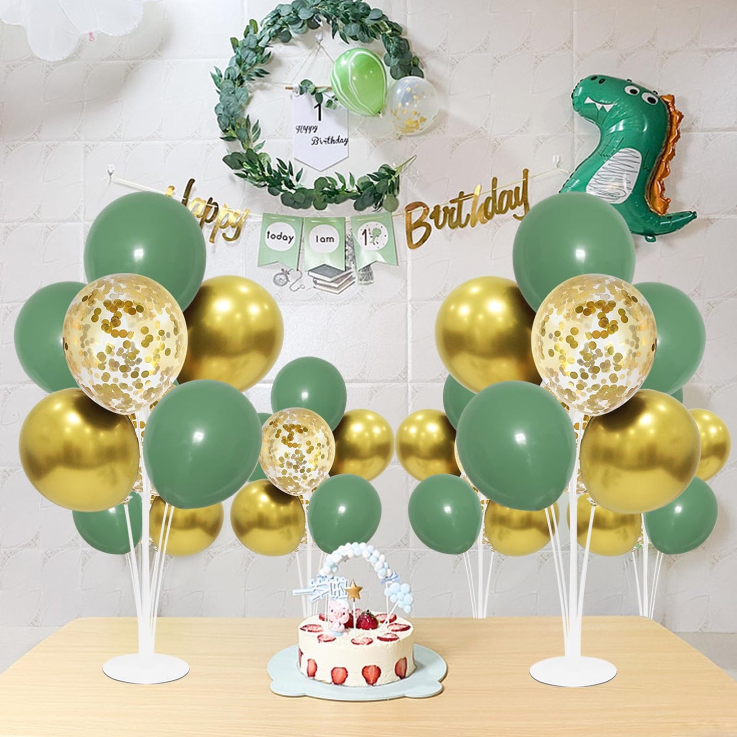 ZJDHPTY Green and Gold Balloon Stand Centerpiece Kit – Birthday, Woodland Baby Shower, Graduation