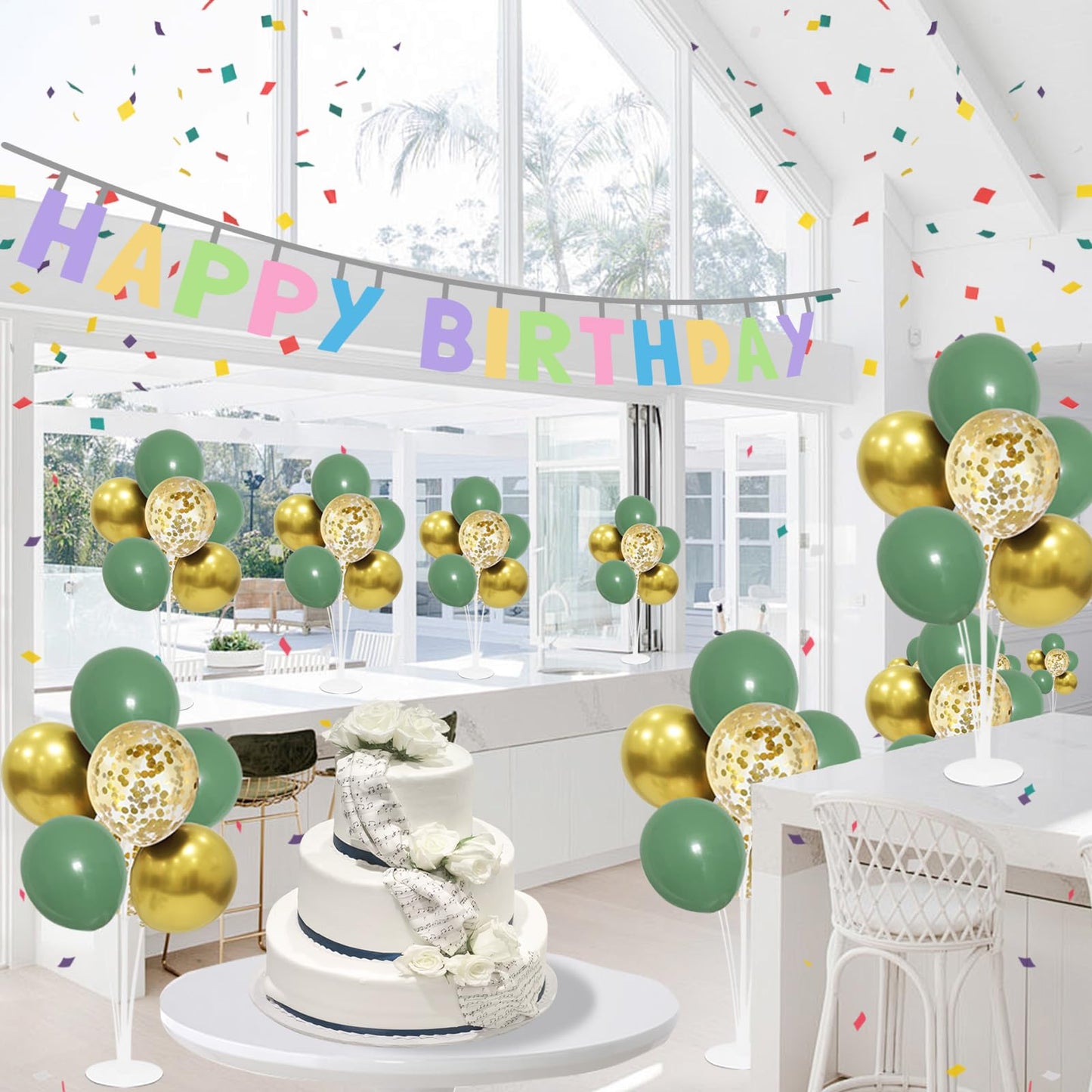 ZJDHPTY Green and Gold Balloon Stand Centerpiece Kit – Birthday, Woodland Baby Shower, Graduation