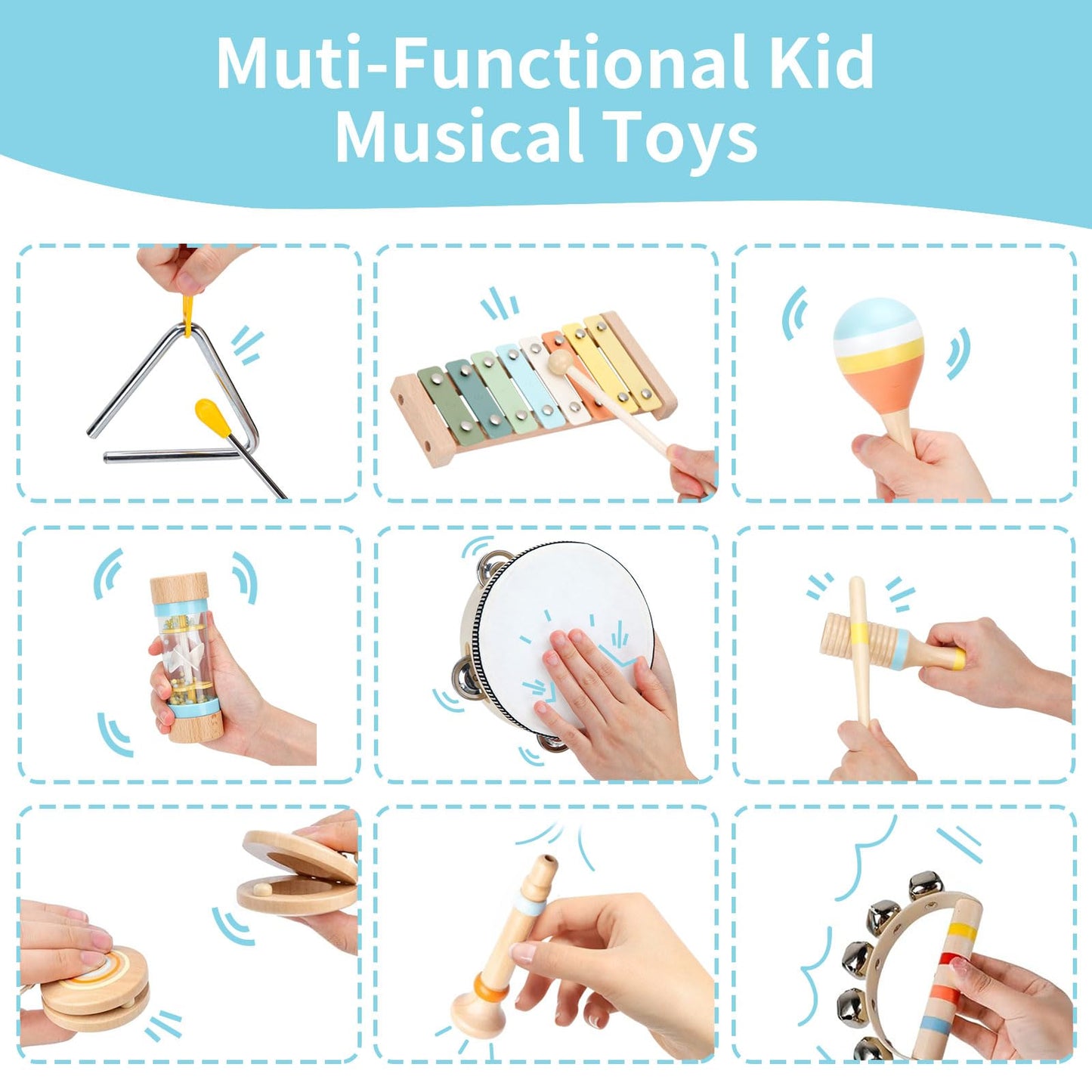 ZJEFUNS Baby Musical Instruments Set – Wooden Montessori Toys for Toddlers 1-3 | 9-in-1 Educational Music Kit
