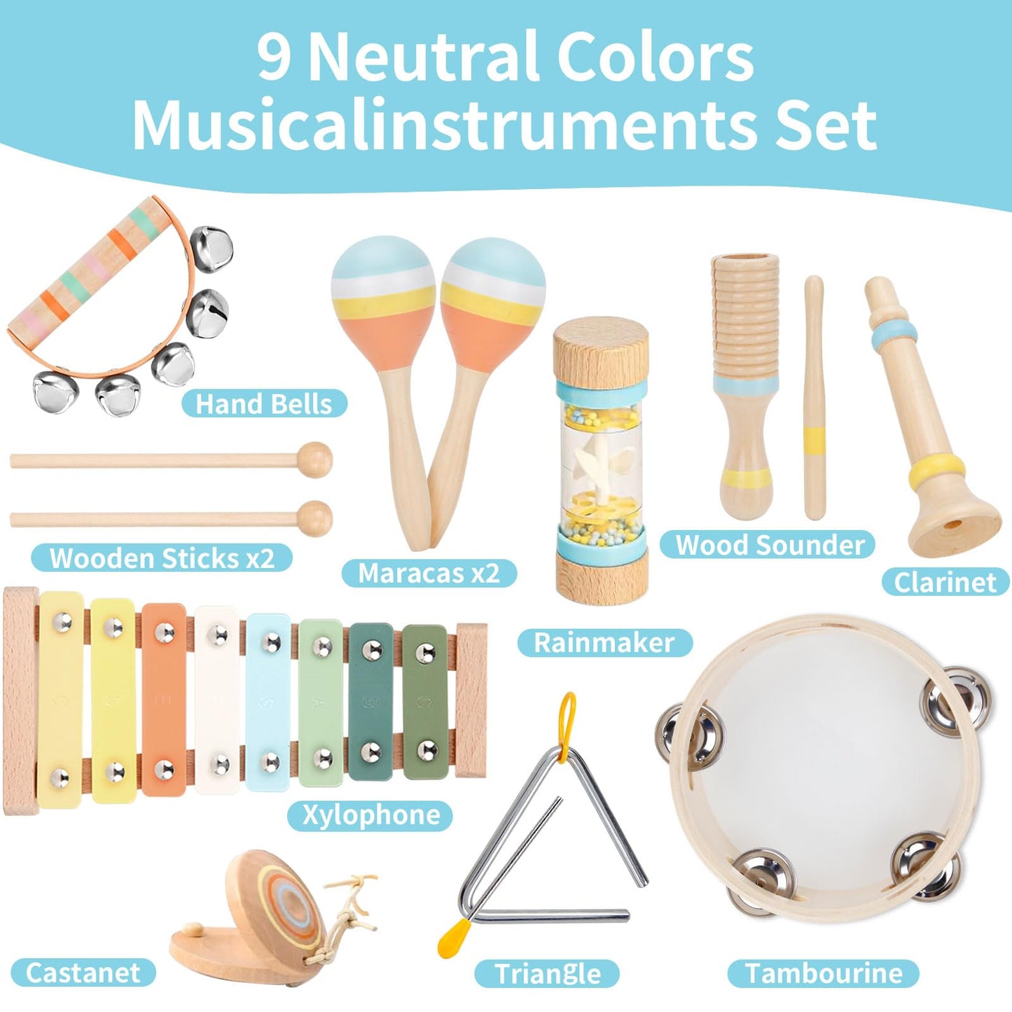 ZJEFUNS Baby Musical Instruments Set – Wooden Montessori Toys for Toddlers 1-3 | 9-in-1 Educational Music Kit