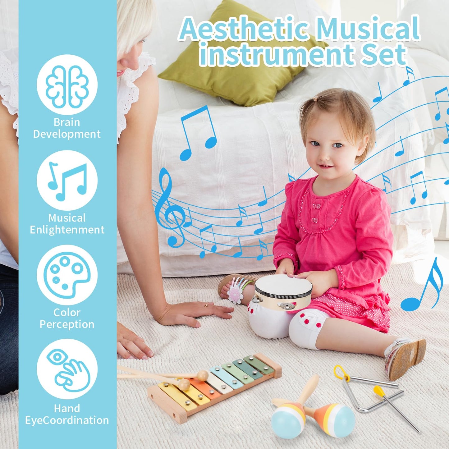 ZJEFUNS Baby Musical Instruments Set – Wooden Montessori Toys for Toddlers 1-3 | 9-in-1 Educational Music Kit