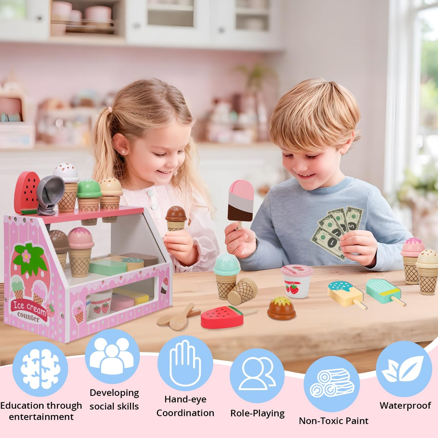 ZJEFUNS Wooden Ice Cream Toys for Kids | Pretend Play Counter Shop (Pink)