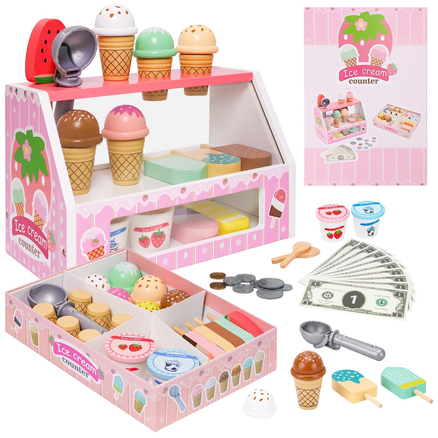 ZJEFUNS Wooden Ice Cream Toys for Kids | Pretend Play Counter Shop (Pink)