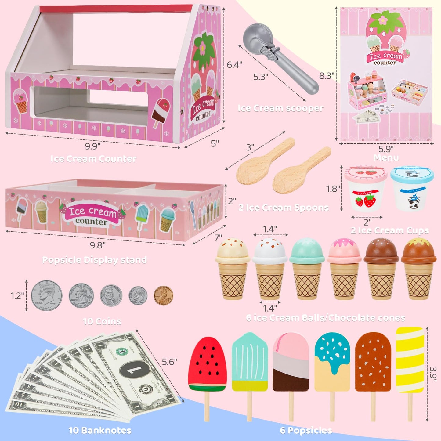 ZJEFUNS Wooden Ice Cream Toys for Kids | Pretend Play Counter Shop (Pink)