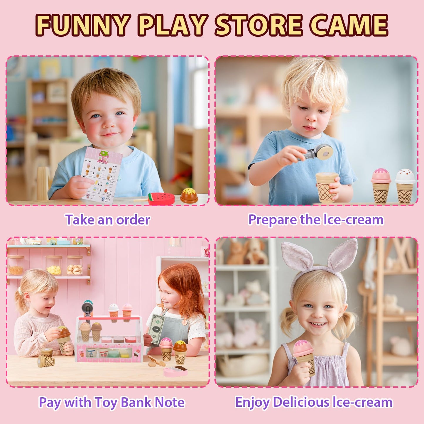ZJEFUNS Wooden Ice Cream Toys for Kids | Pretend Play Counter Shop (Pink)