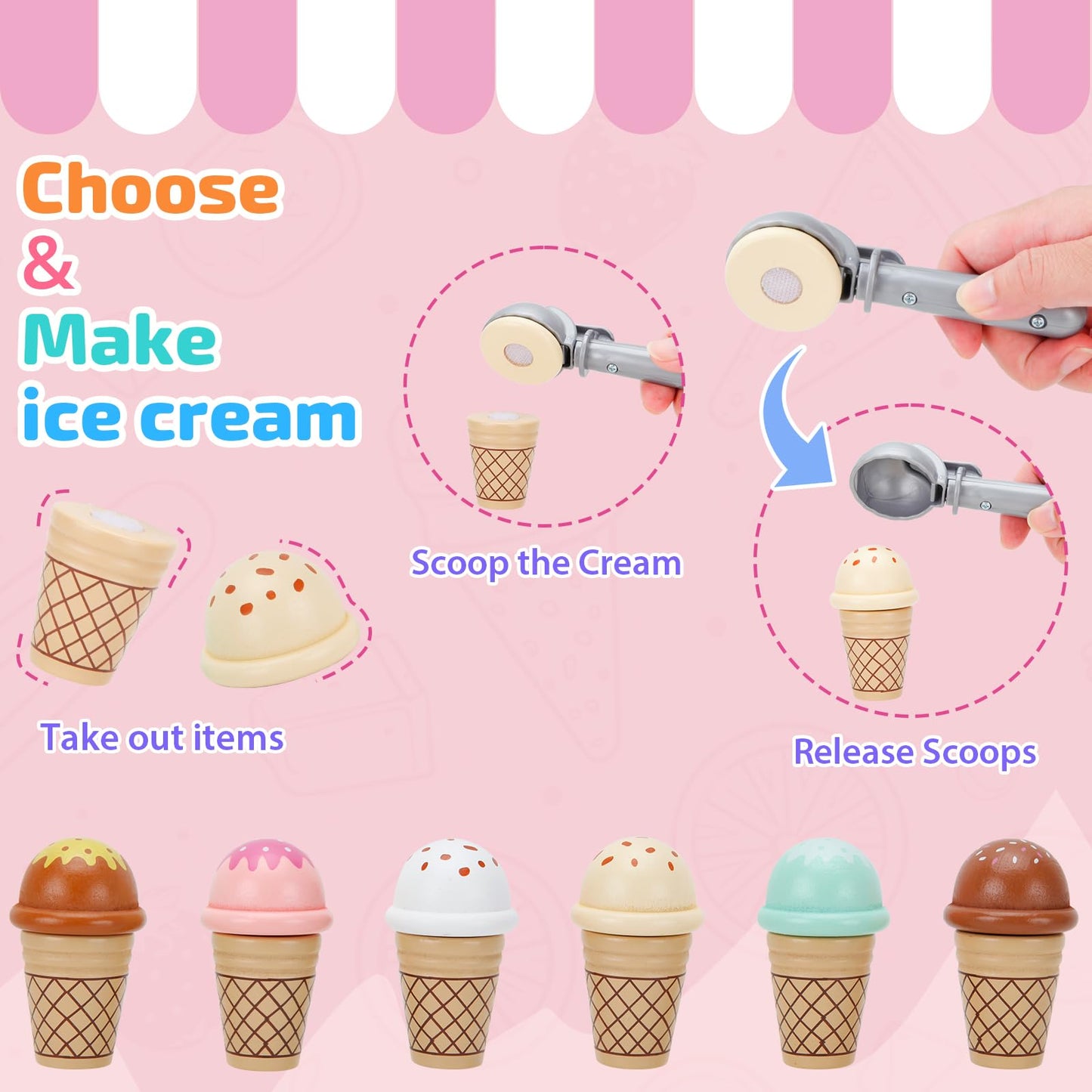 ZJEFUNS Wooden Ice Cream Toys for Kids | Pretend Play Counter Shop (Pink)