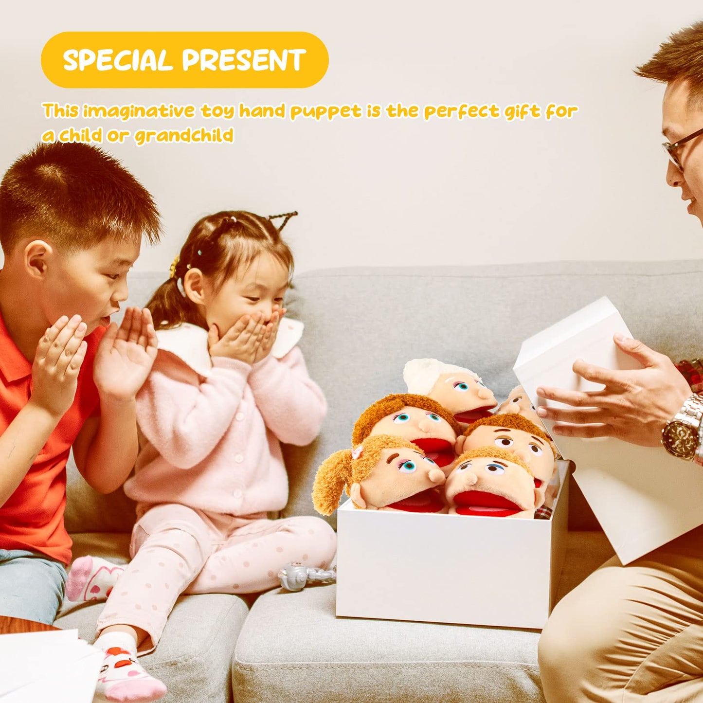 ZJoey 12-Inch Family Hand Puppets – Plush 6-Piece Set for Storytelling, Pretend Play & Classroom Fun