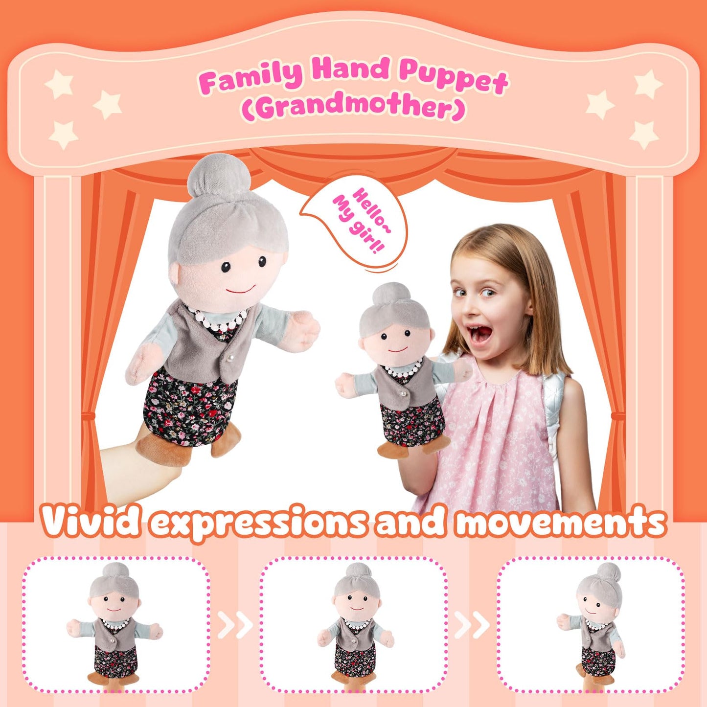 ZJoey 12-Inch Family Hand Puppets – Plush Puppets for Grandparents, Mom & Dad, Siblings