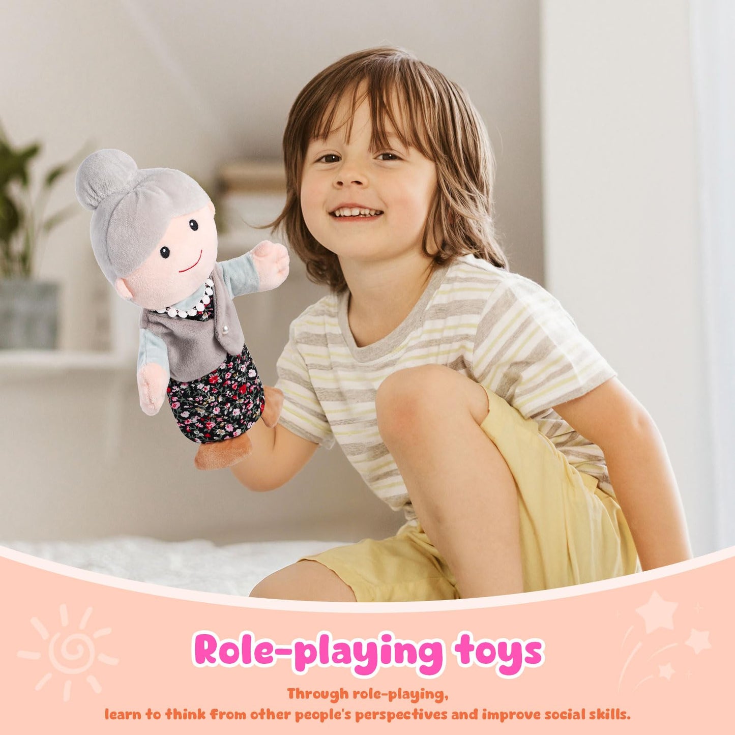 ZJoey 12-Inch Family Hand Puppets – Plush Puppets for Grandparents, Mom & Dad, Siblings