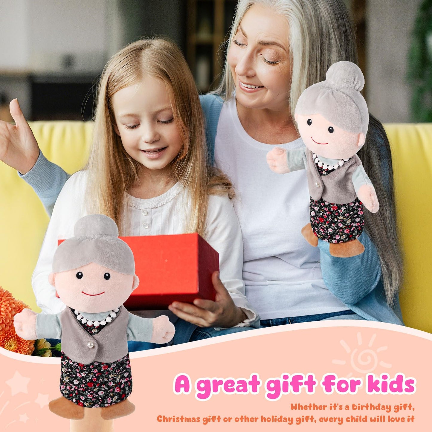 ZJoey 12-Inch Family Hand Puppets – Plush Puppets for Grandparents, Mom & Dad, Siblings