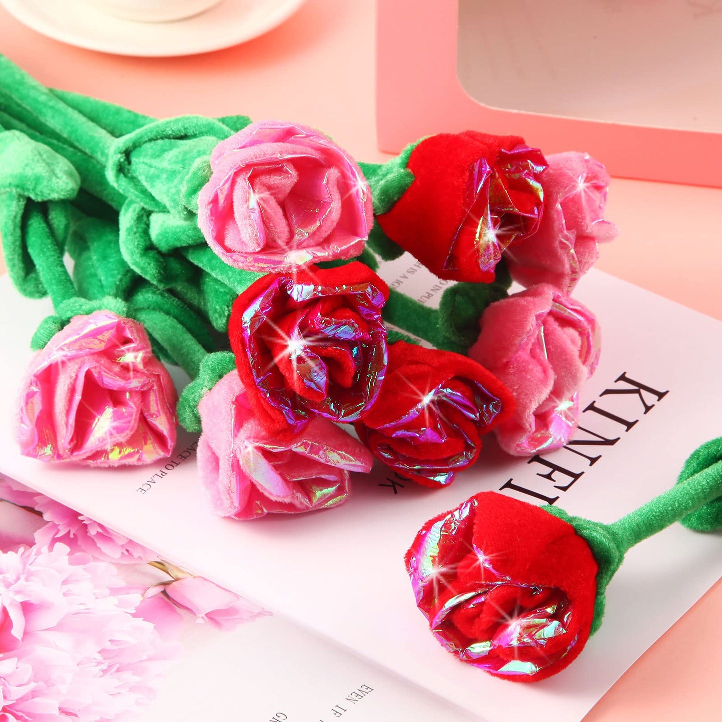 ZJoey 10 Pcs Plush Glitter Rose Bouquet with Bendable Stems — Red & Pink