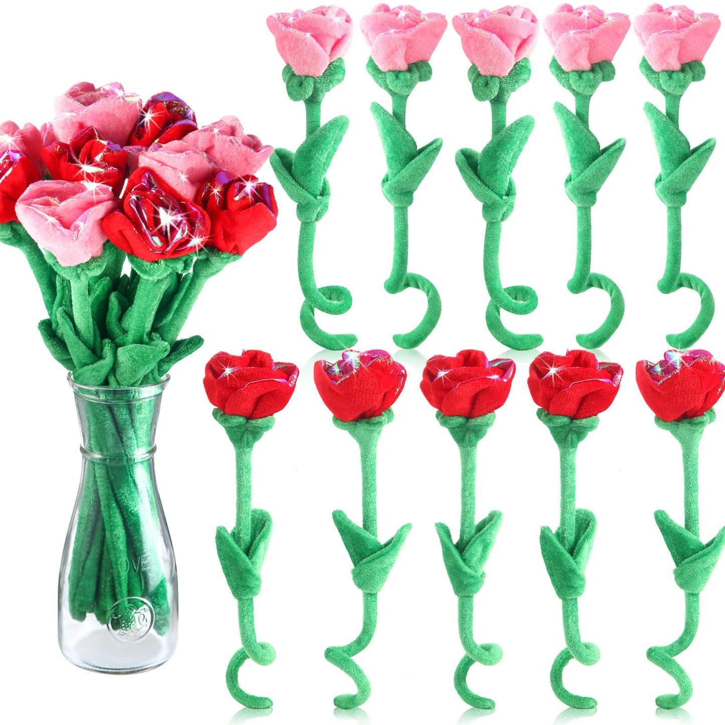 ZJoey 10 Pcs Plush Glitter Rose Bouquet with Bendable Stems — Red & Pink