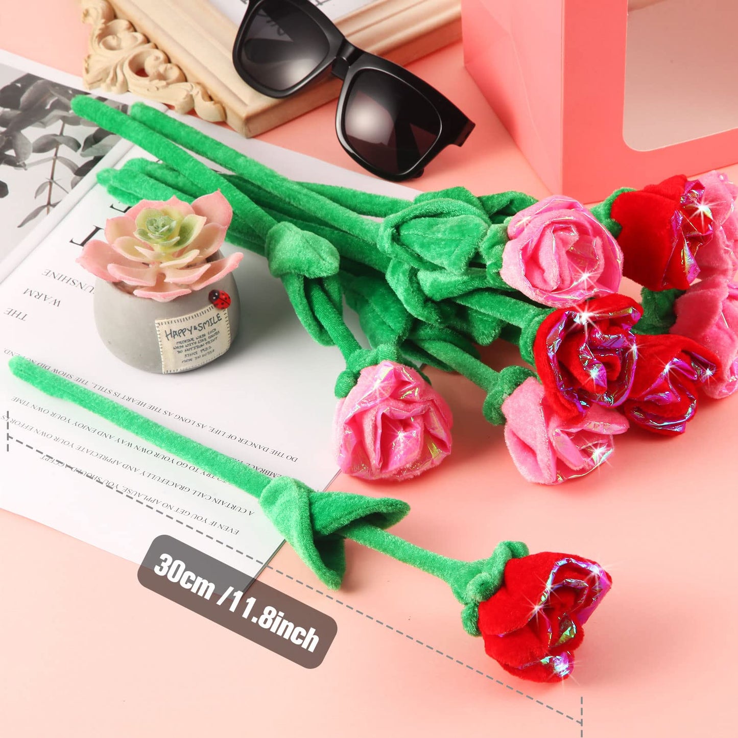 ZJoey 10 Pcs Plush Glitter Rose Bouquet with Bendable Stems — Red & Pink