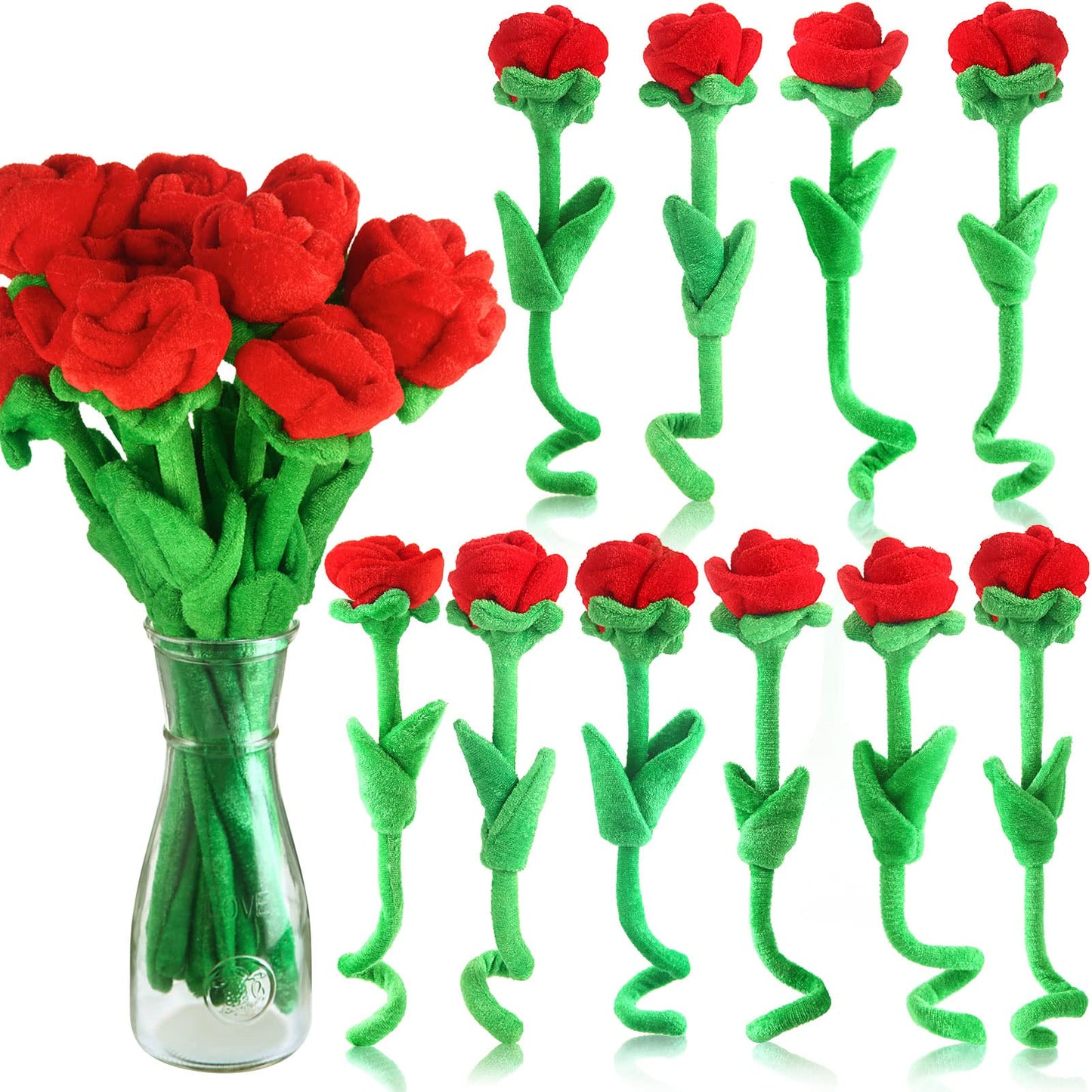 ZJoey 10 Pcs Plush Red Rose with Bendable Stems – 12.6 Inch Plush Bouquet