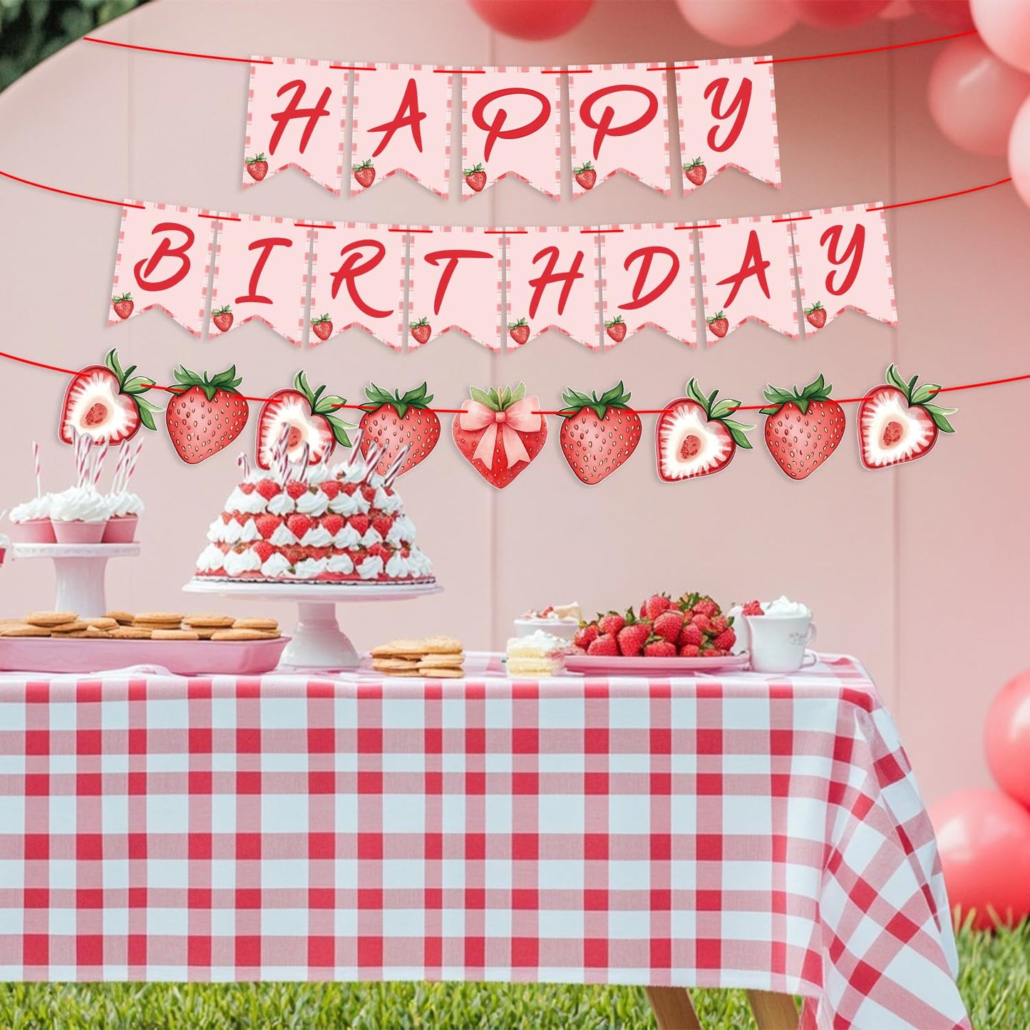ZJRUI Strawberry Hanging Banner Decorations – Red Berry Birthday Backdrop for Baby Shower & 1st Birthday