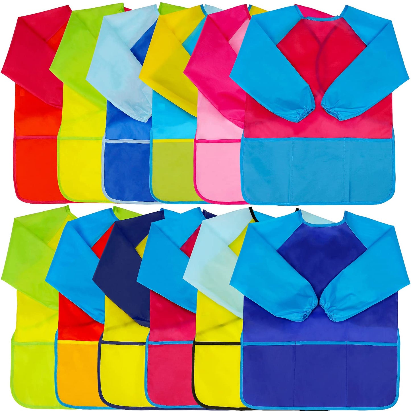 Zkptops 12-Pack Kids Art Smocks - Waterproof Long-Sleeve Painting Aprons with 3 Pockets (Ages 3-7)