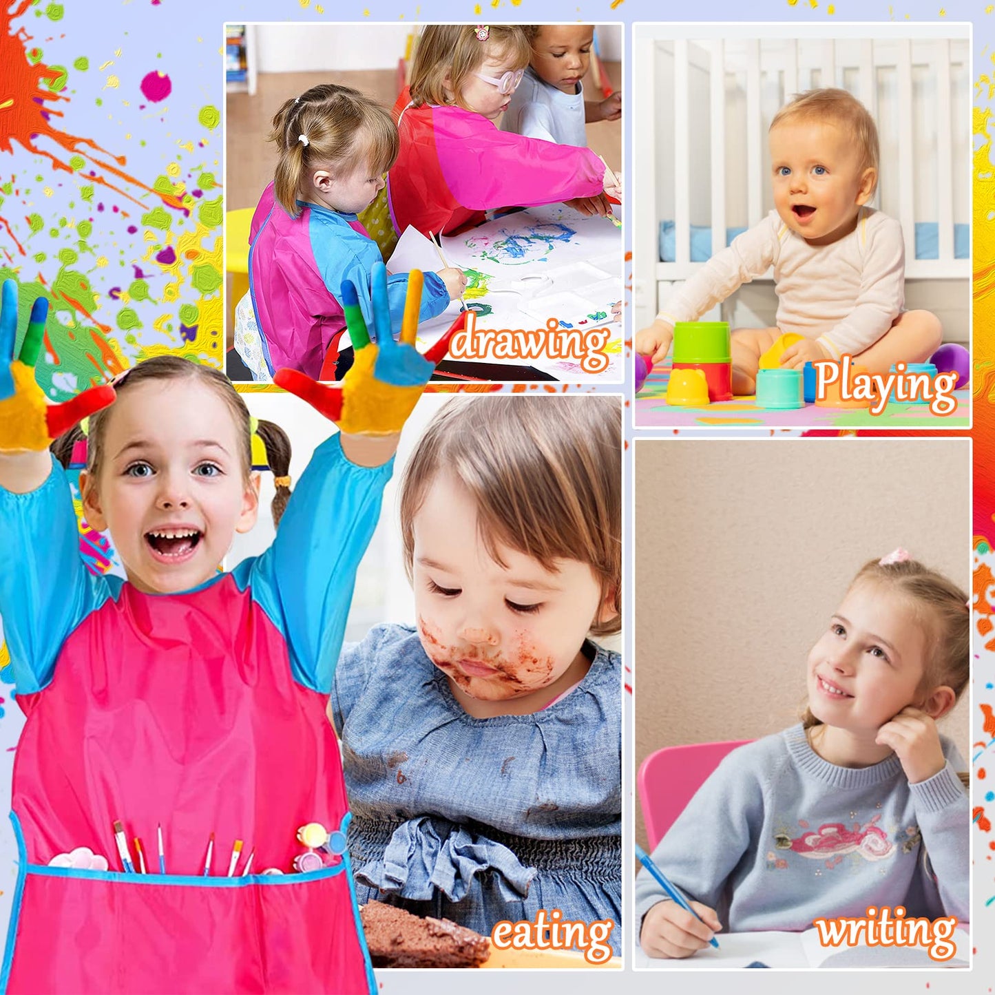 Zkptops 12-Pack Kids Art Smocks - Waterproof Long-Sleeve Painting Aprons with 3 Pockets (Ages 3-7)