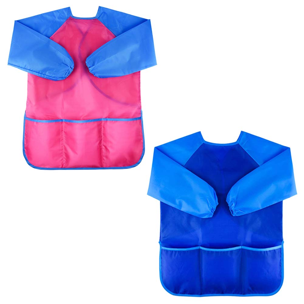 Zkptops 2 Pack Kids Art Smock Waterproof Long Sleeve Aprons for Ages 3-7 – Blue & Pink
