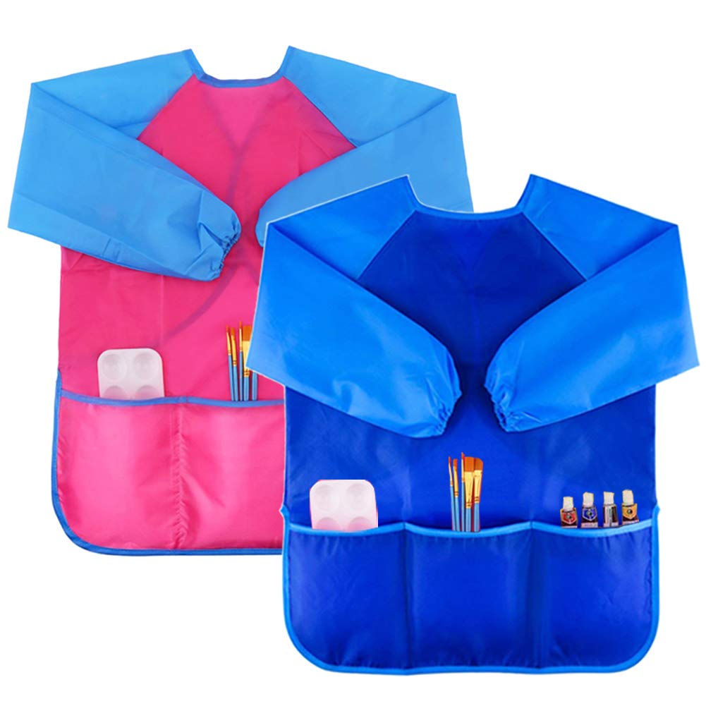 Zkptops 2 Pack Kids Art Smock Waterproof Long Sleeve Aprons for Ages 3-7 – Blue & Pink