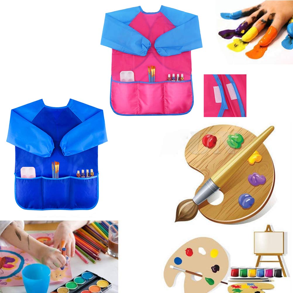 Zkptops 2 Pack Kids Art Smock Waterproof Long Sleeve Aprons for Ages 3-7 – Blue & Pink