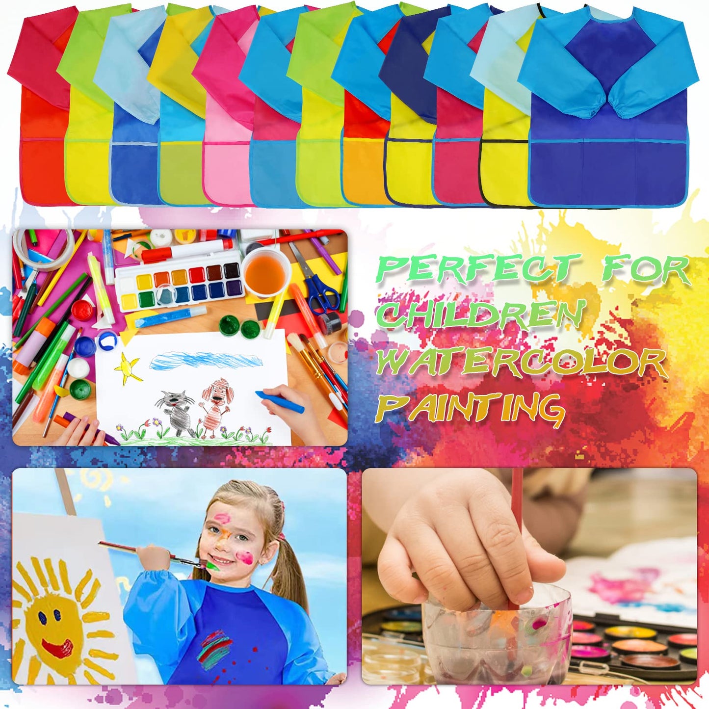 Zkptops 12-Pack Kids Art Smocks - Waterproof Long-Sleeve Painting Aprons with 3 Pockets (Ages 3-7)