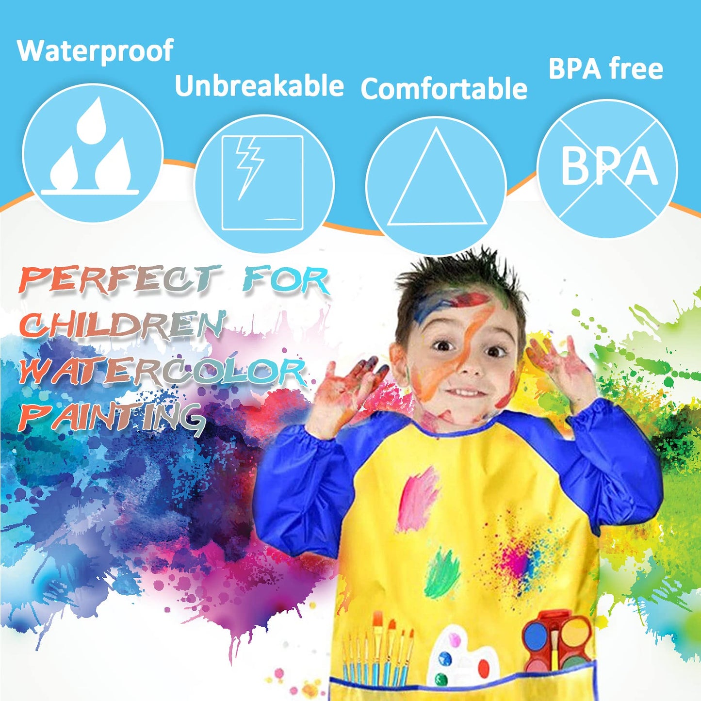 Zkptops 12-Pack Kids Art Smocks - Waterproof Long-Sleeve Painting Aprons with 3 Pockets (Ages 3-7)