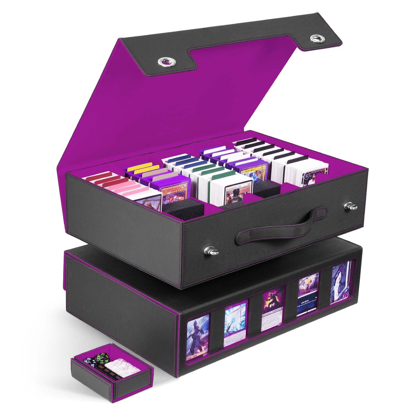 ZLCA 5-Row Trading Card Storage Box with Handle – 3900+ Card Capacity, Commander Display (Black & Purple)