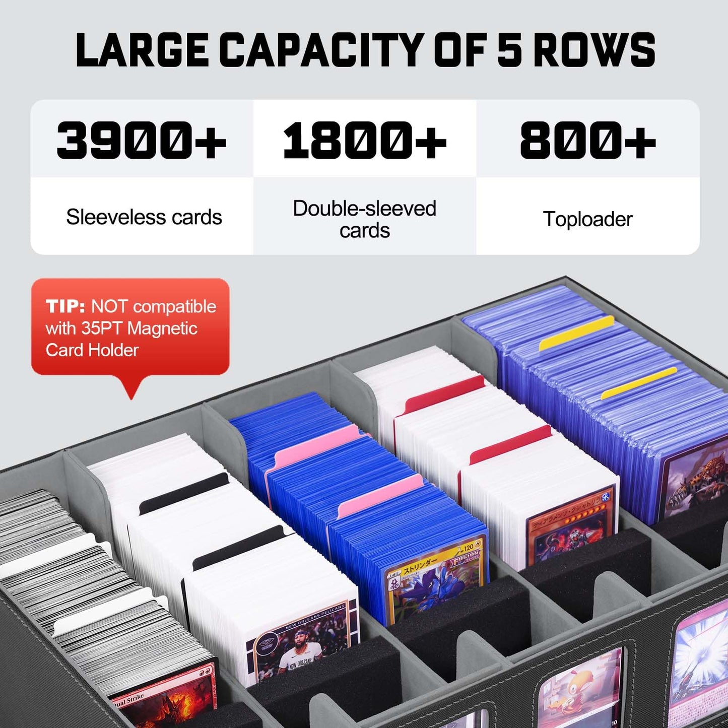 ZLCA 5-Row Trading Card Storage Box with Handle — Holds 3900+ Cards, Commander Display, Top Loaders (Black)
