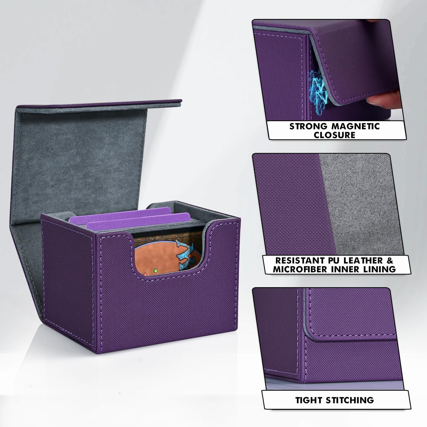 ZLCA Leather Magnetic Card Deck Box – Holds 120+ Single-Sleeved MTG Cards (Purple)