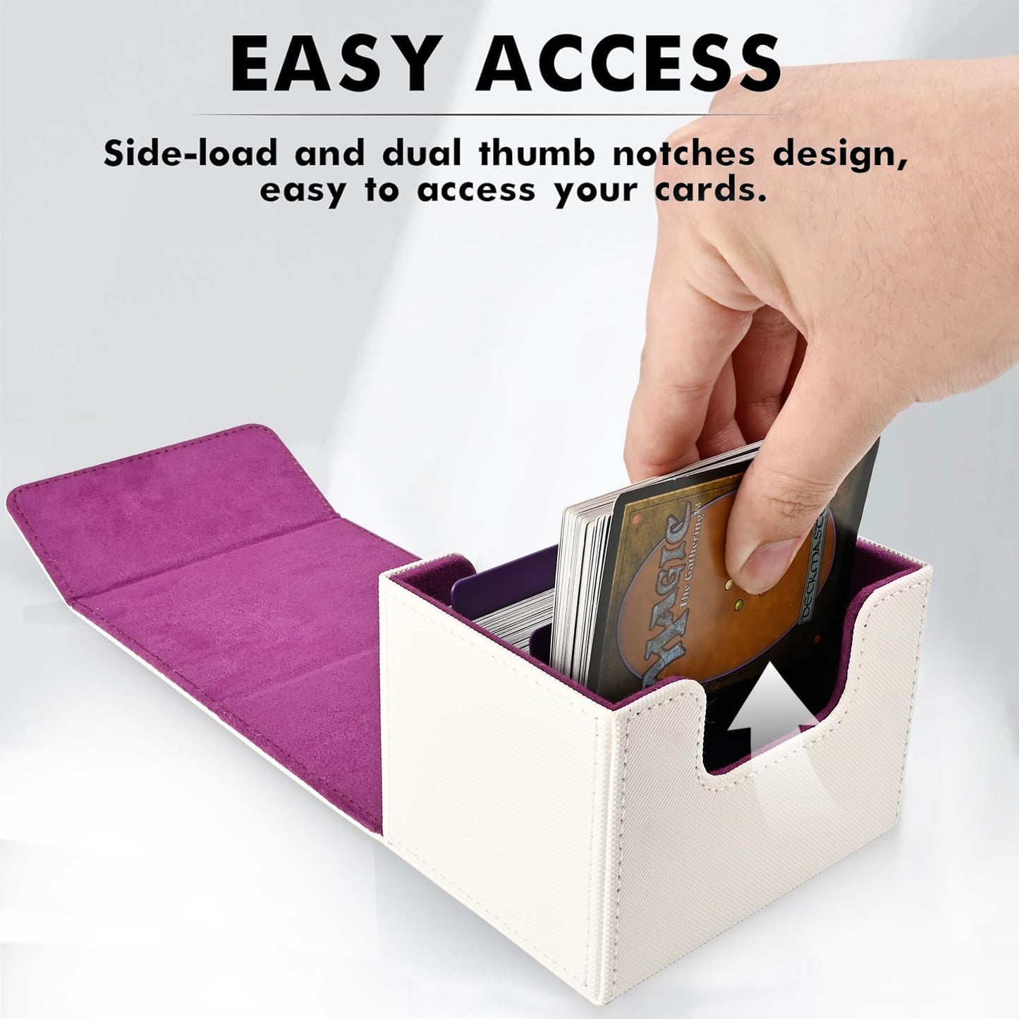 ZLCA Leather Magnetic Card Deck Box for MTG & TCG – Holds 120+ Singles (White & Purple)