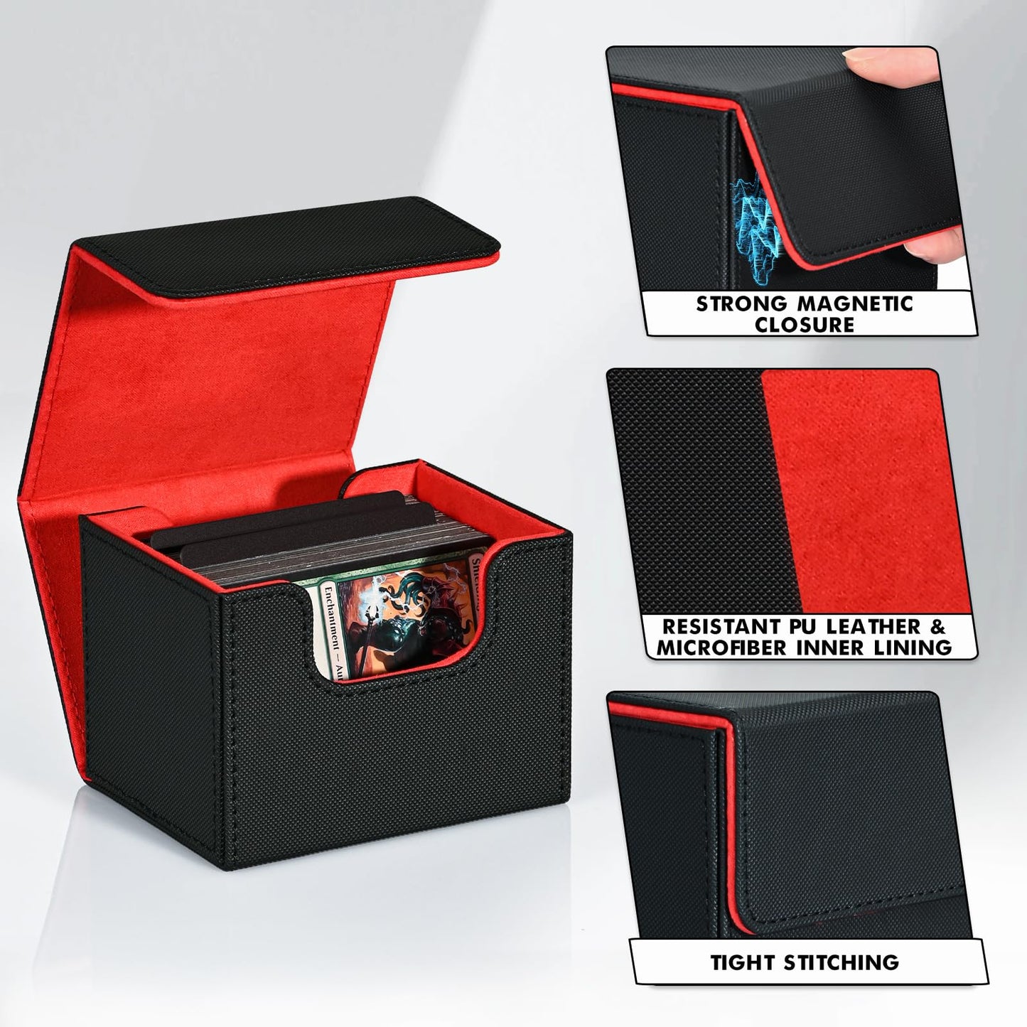 ZLCA Leather Magnetic Card Deck Box – Holds 120+ Cards for MTG/TCG (Black & Red)