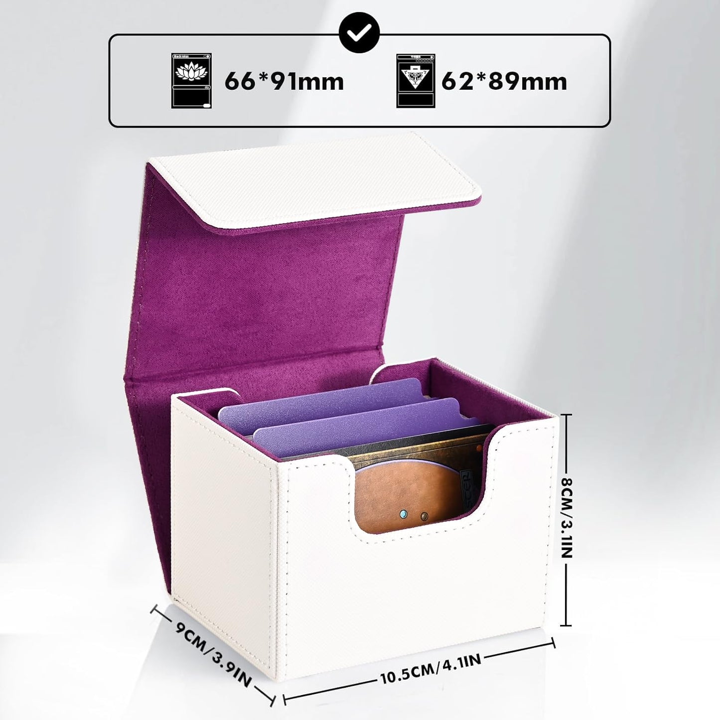ZLCA Leather Magnetic Card Deck Box for MTG & TCG – Holds 120+ Singles (White & Purple)