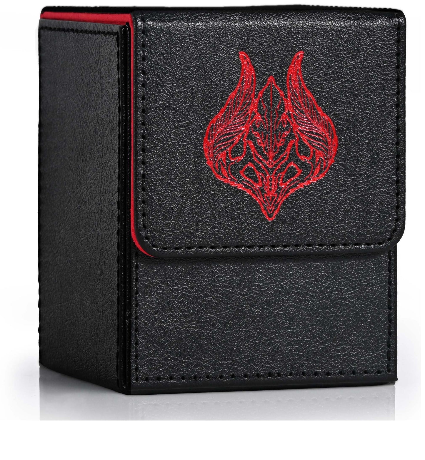 ZLCA 100+ Card Deck Box with 2 Dividers – PU Leather TCG Case for MTG, Yu-Gi-Oh (Black/Red Leaf)