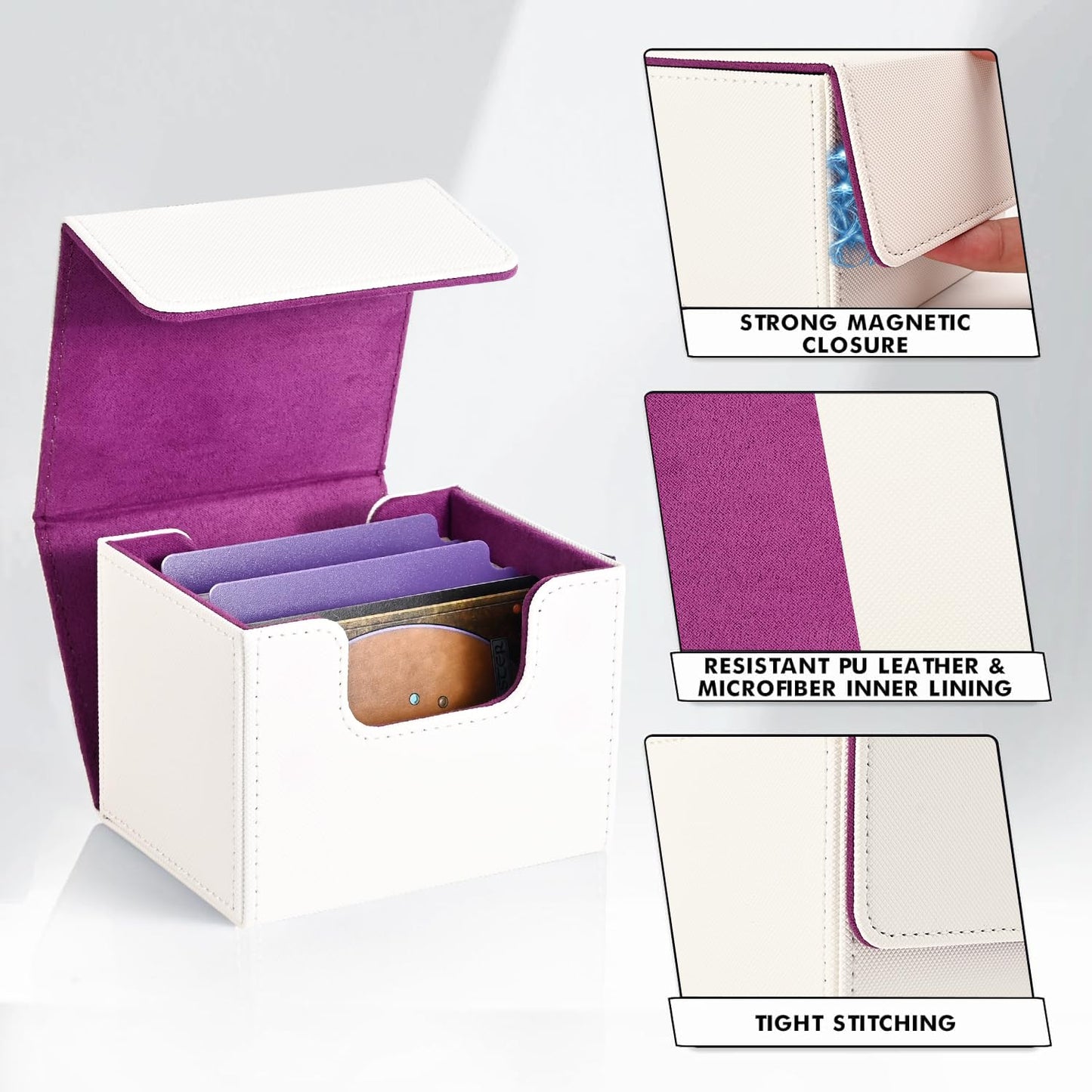 ZLCA Leather Magnetic Card Deck Box for MTG & TCG – Holds 120+ Singles (White & Purple)