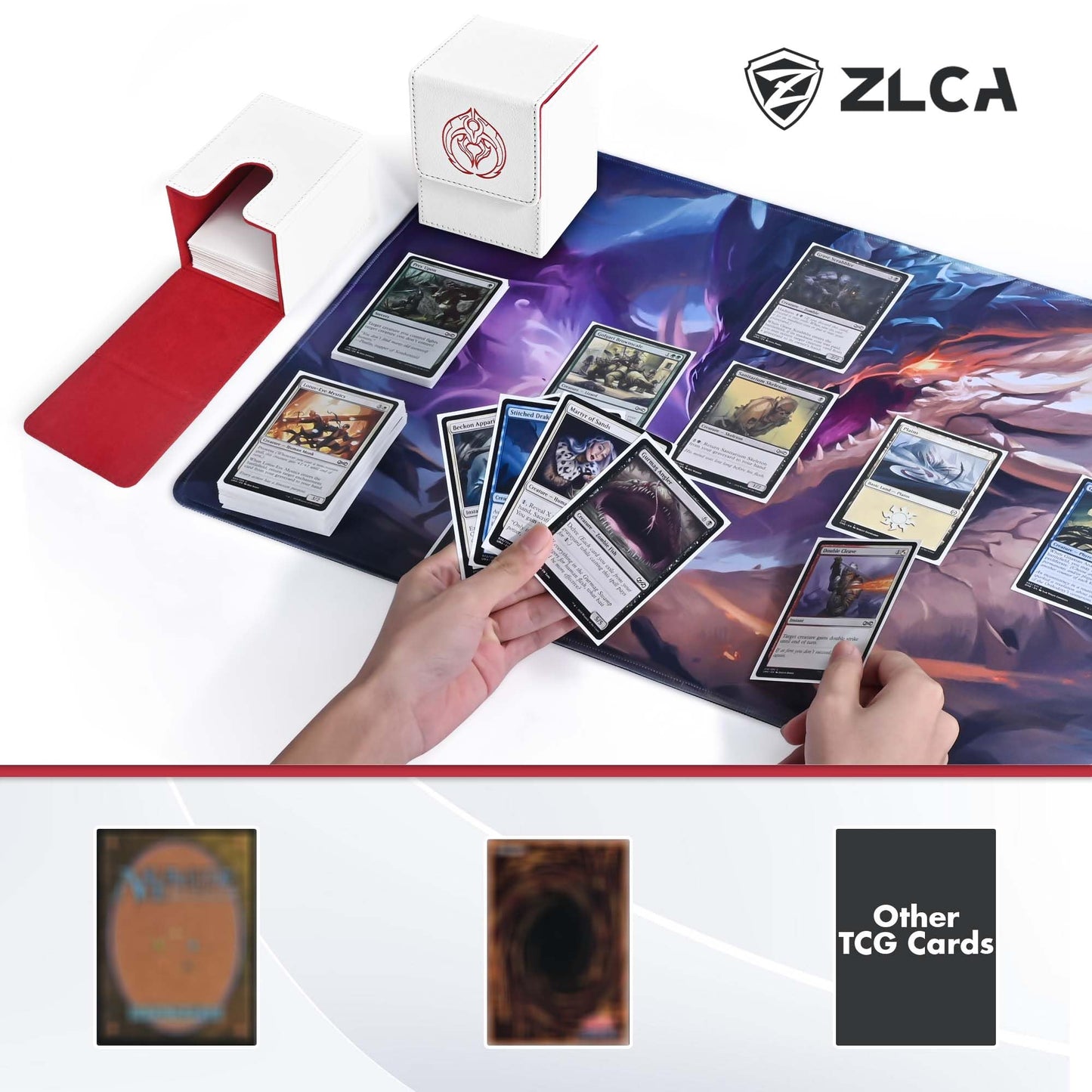 ZLCA Card Deck Box with 2 Dividers – Holds 100+ Cards | PU Leather TCG Case (White & Red Ferry)