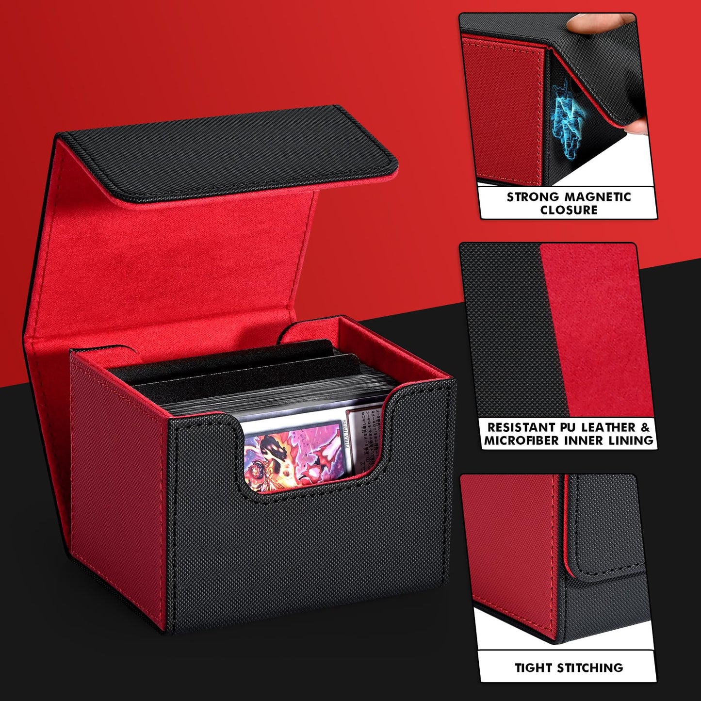 ZLCA Card Deck Box – Leather Magnetic Storage for MTG & TCG, 120+ Single-Sleeved Cards (Red & Black)